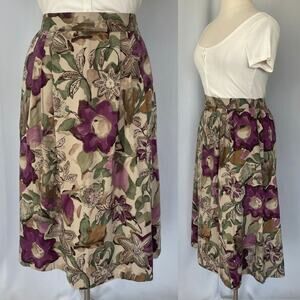 Vintage Midi Skirt Plus Size 18 Green Purple Foral A Line Pleated Retro 80s 90s
